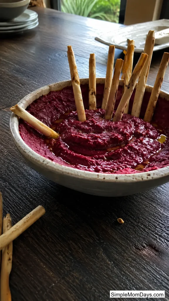 Beet Hummus With Black Breadstick "Twigs"