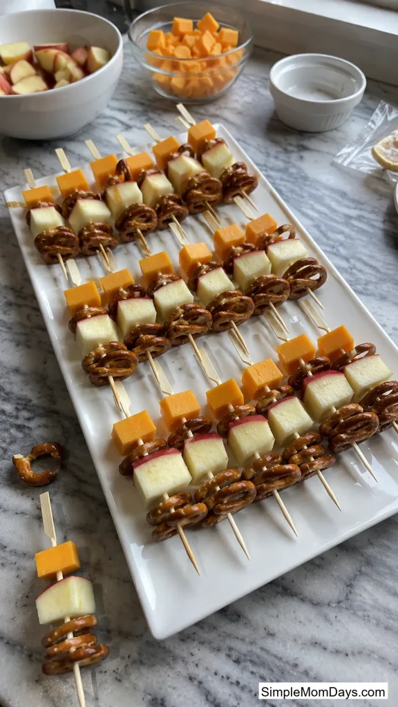 Apple, Cheddar and Pretzel Skewers