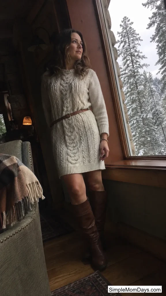 Cream Cable-Knit Sweater Dress with Knee-High Boots
