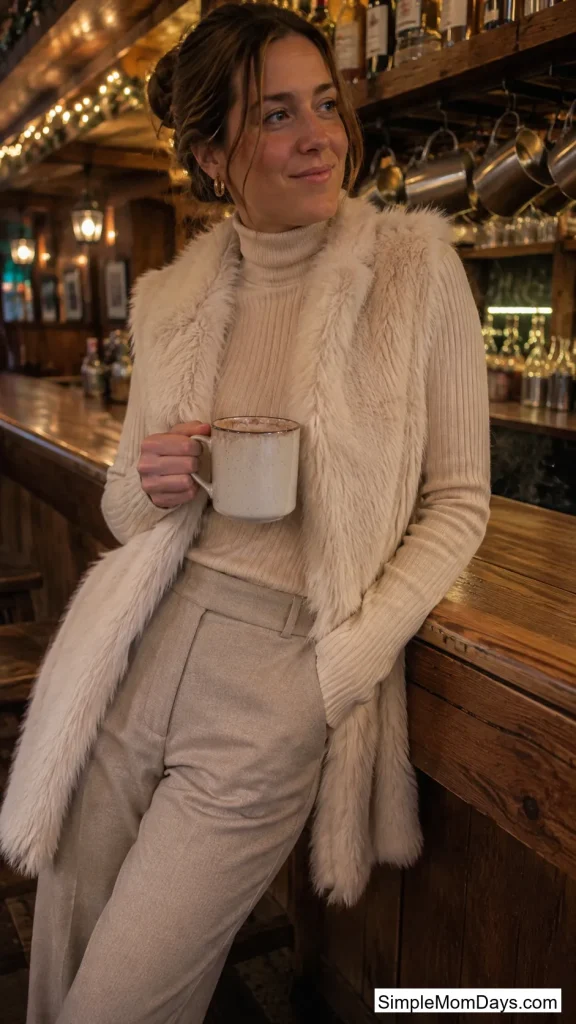 Faux Fur Vest Over a Ribbed Turtleneck
