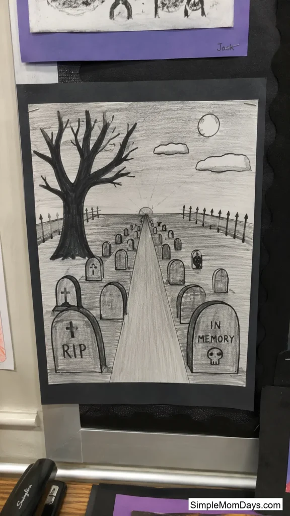 One-Point Perspective Graveyard Drawing