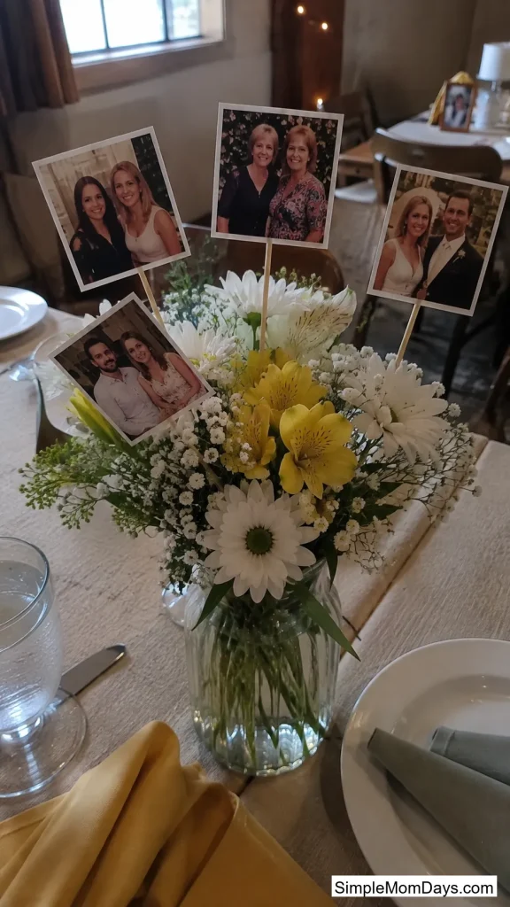 Photos on Skewers Tucked Into a Flower Arrangement